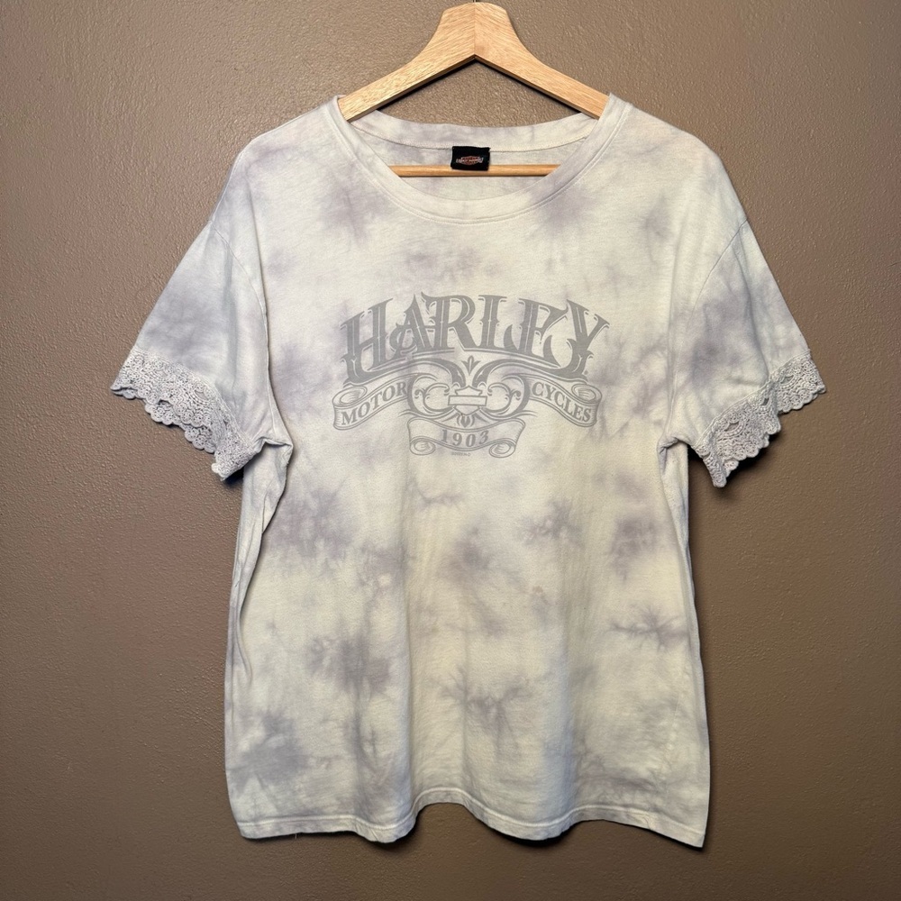 Harley Davidson Women's White & Gray Tie Dye Short Sleeve Top Lace Sleeves XL